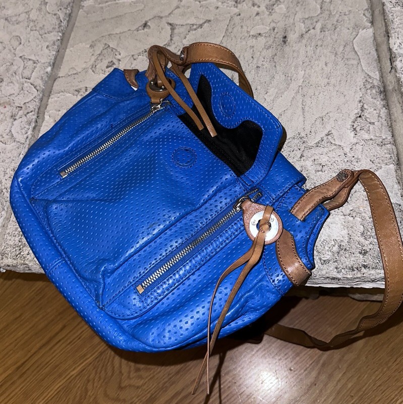 Near Mint Joelle Hawkens Royal Blue Perforated Leather Purse Bag Handbag Tote gallery