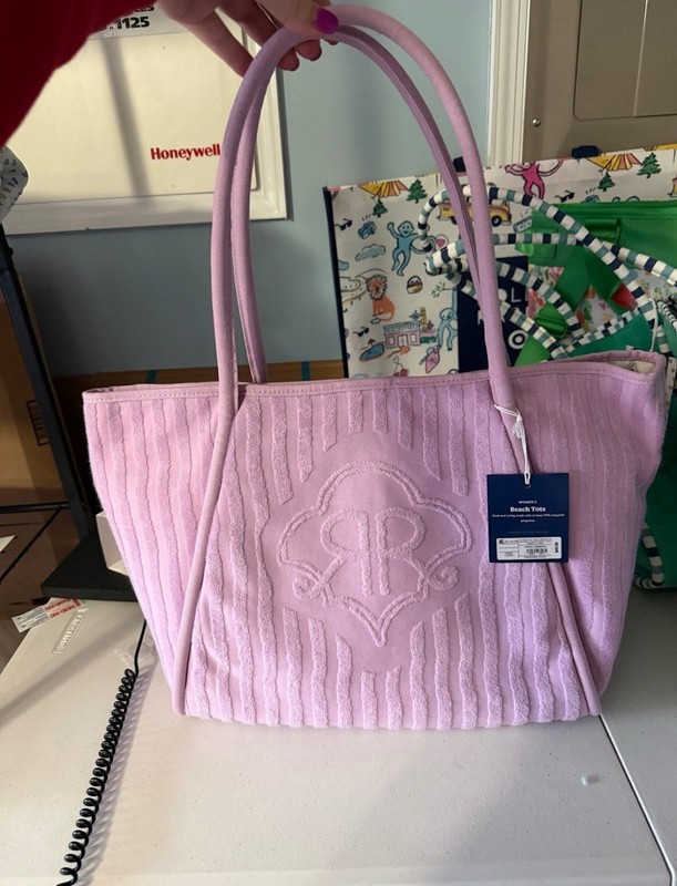 Roller Rabbit Beach Terry Pink Tote Bag Heart Embroidered Striped Double Handles