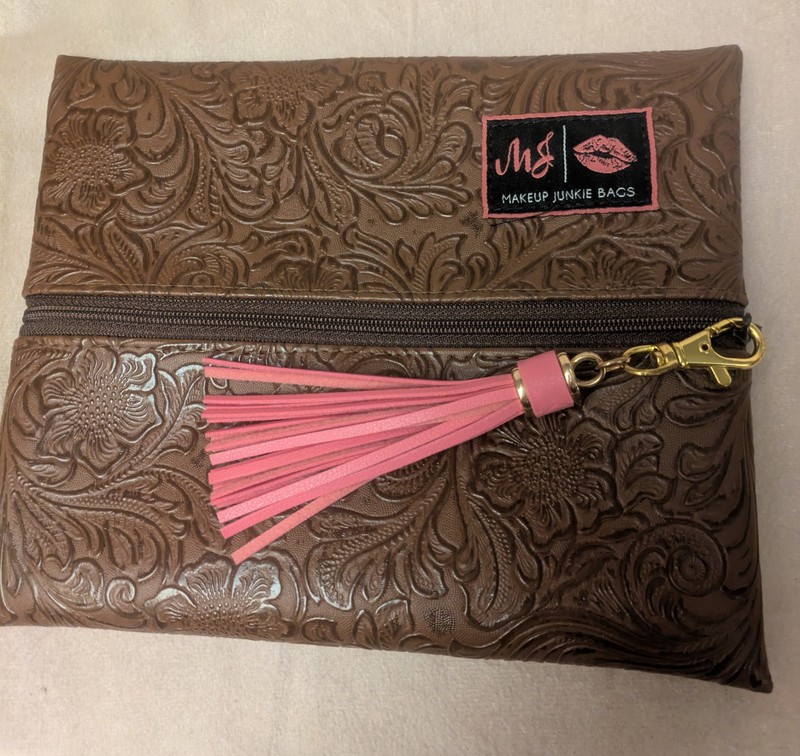 MJ Makeup Junkie Bag Lasso Embossed Small Brown Zipper Pink And Gold Tassel Clip