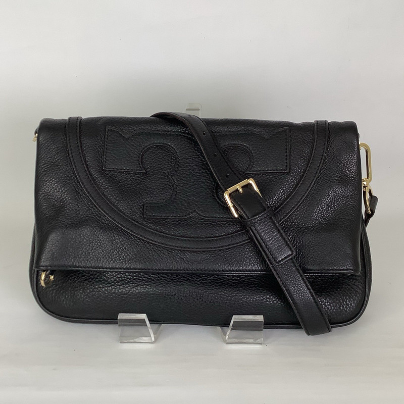 Tory Burch All-T Suki Black Pebble Leather Fold Over Crossbody Bag Purse