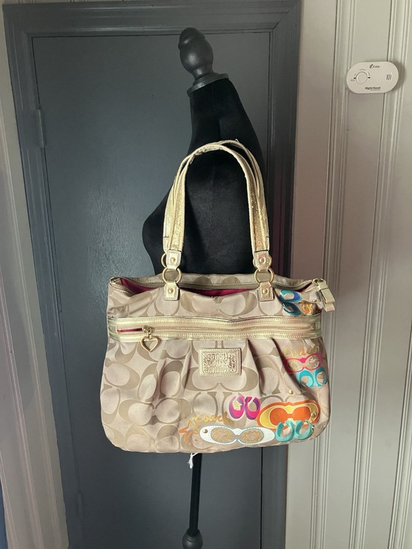 Coach Beige Gold Multicolor Glitter Logo Print Shoulder Bag Heart Charm