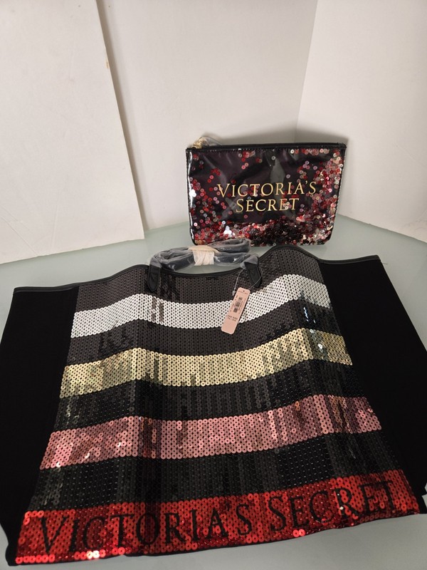 Victoria’s Secret Striped Sequin Tote Bag And Pouch Black White Pink Red Nwt