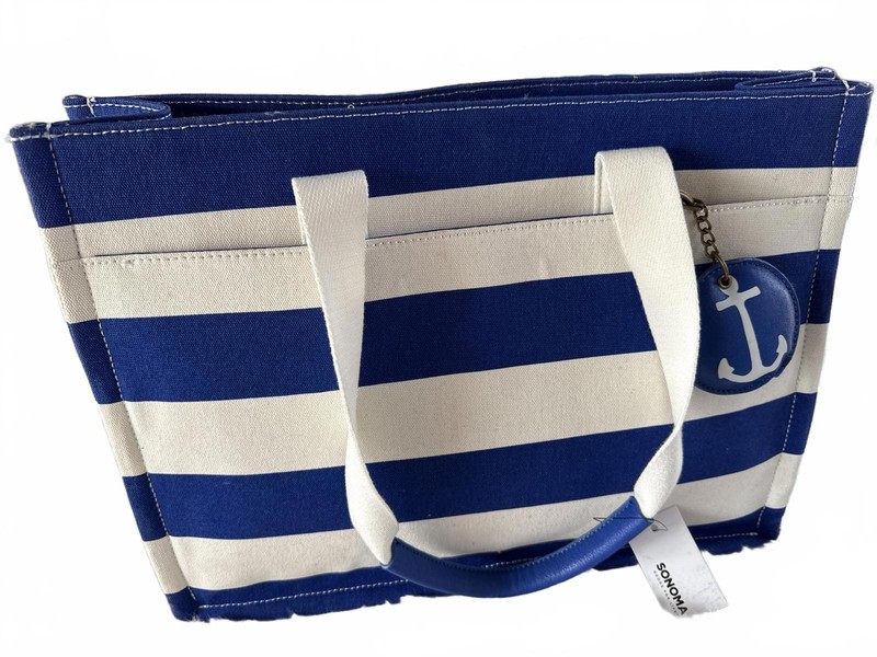 Sonoma Blue and White Striped Canvas Tote Bag with Anchor Charm