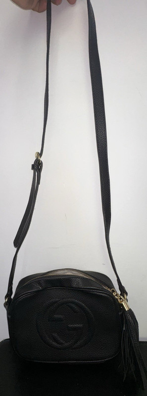 Gucci Black Pebbled Crossbody Bag Tassel Logo Gold Hardware Adjustable Strap