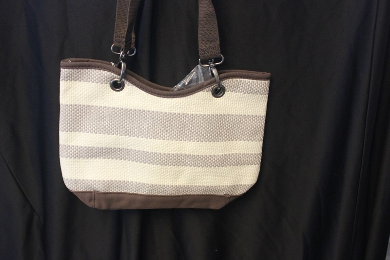 NIP New Thirty One 31 Canvas Crew Mini Brown Tote Purse Taupe Straw Stripe
