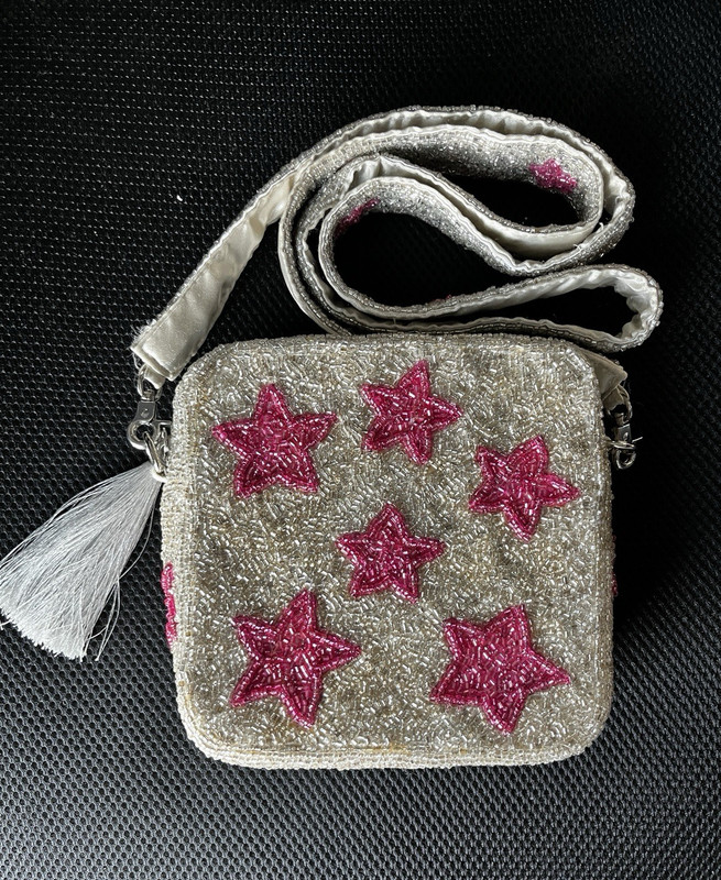 Beaded Star Crossbody Bag Mini/Purse Pink Stars Cream Glass Beads