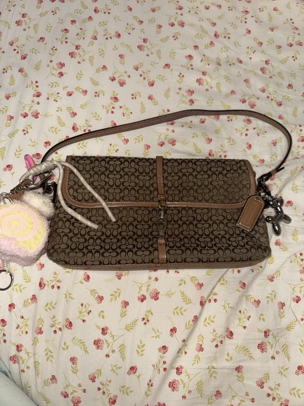Coach Signature Logo Brown/Tan Zip Shoulder Bag Leather Strap Charm Pockets