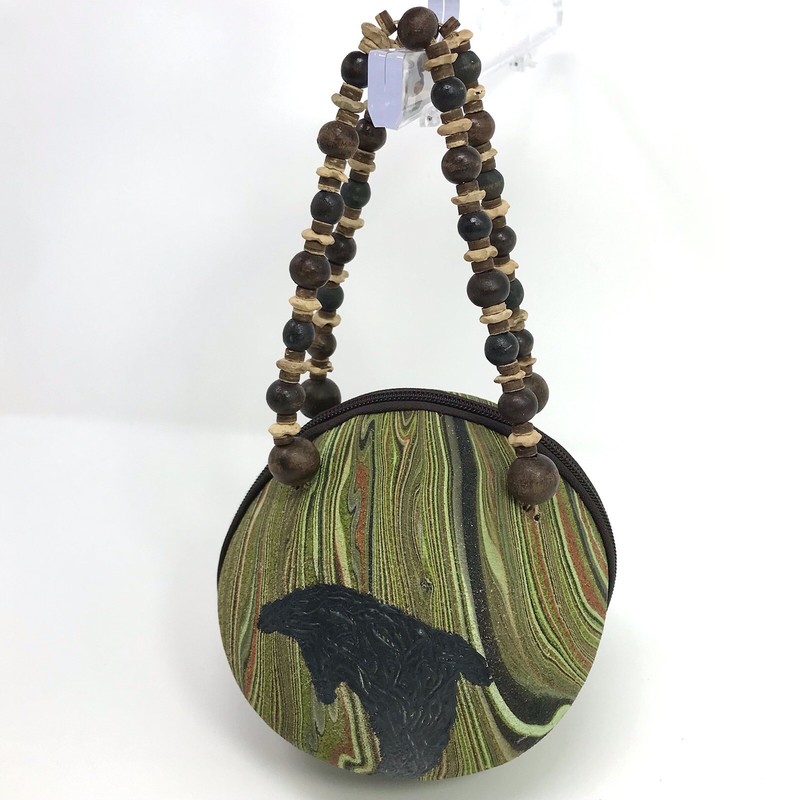 Coconut Shell Purse Bag Hand Painted Dolphin Green Yellow Swirl Tiki Beach Beads