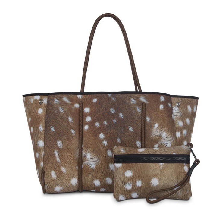 New HAUTE SHORE GREYSON RANGE Neoprene Tote Bag w/ Wristlet Chestnut Axis Deer