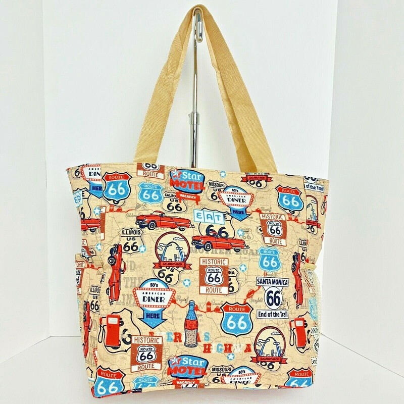 Large Lightweight Multipurpose Tote Route 66 Print Shopper Beach Travel Bag NWT