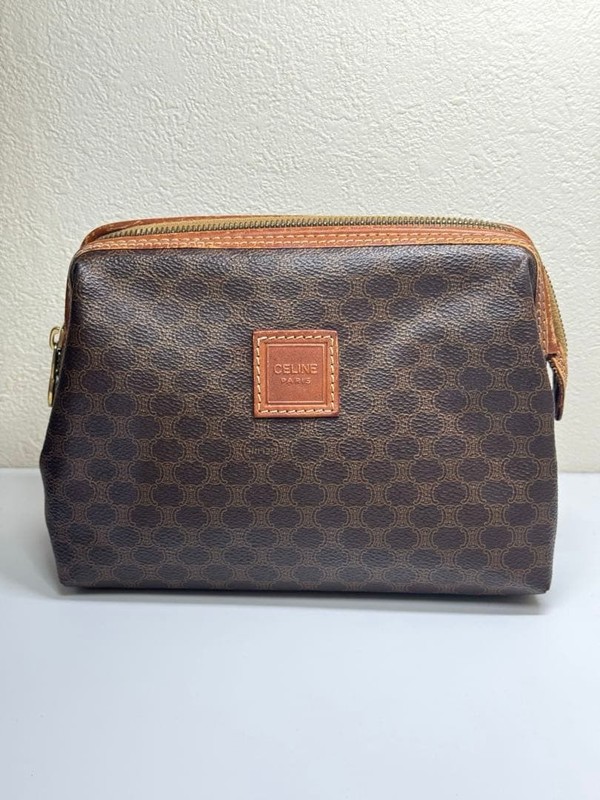 CELINE Macadam Triomphe PVC Leather Cosmetic Vanity Pouch Brown Makeup Bag Women
