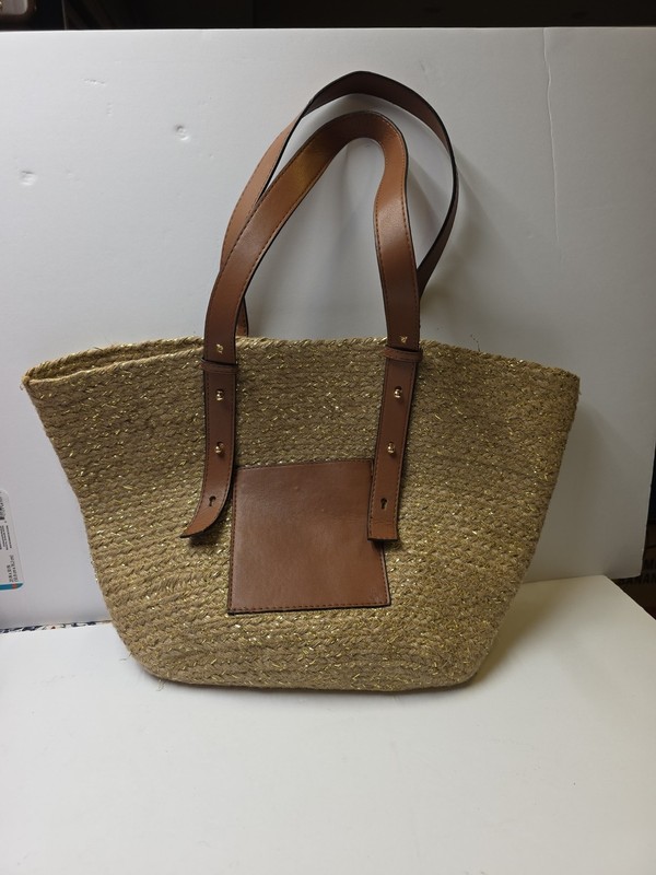 Large Woven Tote Bag Raffia Bucket Basket Faux Leather Pocket Gold Beach Party