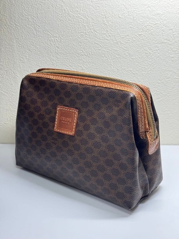 CELINE Macadam Triomphe PVC Leather Cosmetic Vanity Pouch Brown Makeup Bag Women gallery
