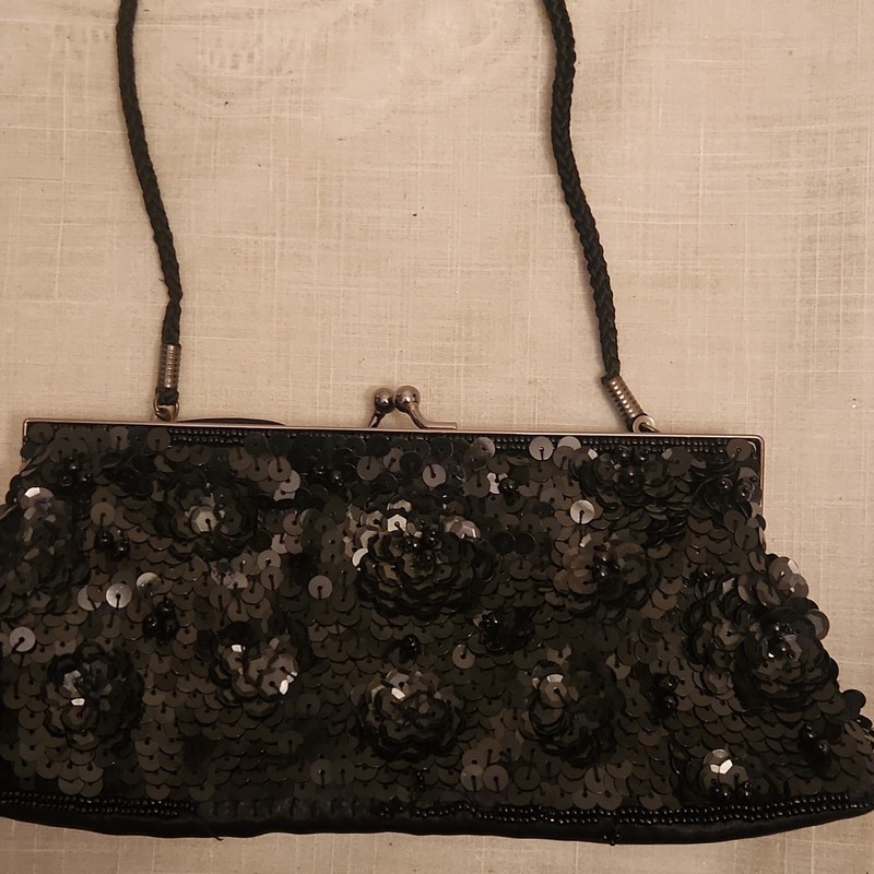 Lancôme Black Floral Sequin Clutch Kiss Lock Detachable Shoulder Strap Lined