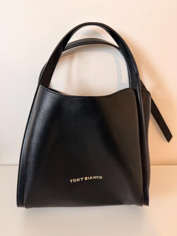 Tony Bianco Black Leather Bag Gold Clasp Tie Strap Small Shoulder Handbag