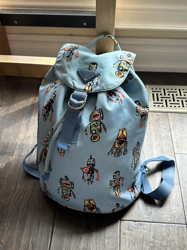 PRADA Azzurro Tessuto Nylon Robot Print Backpack 1BZ032