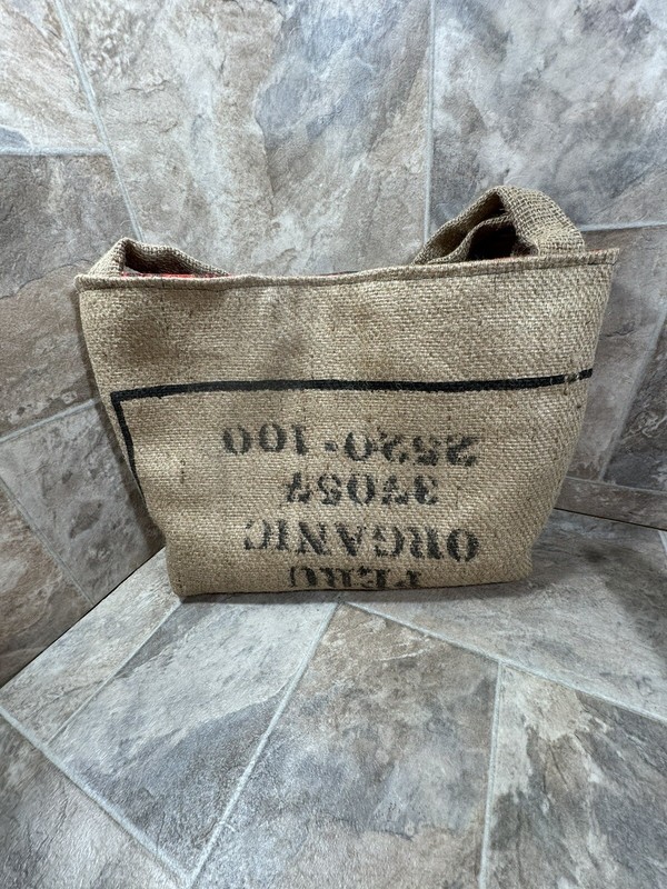 Burlap/Jute Handbag or Tote With Royal Printing Preowned gallery