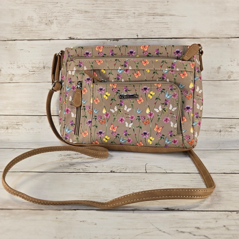 MultiSac Floral Butterfly Print Crossbody Bag Taupe Multi Pocket Messenger Bag