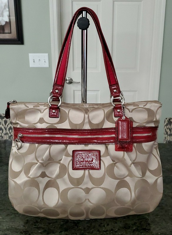 Auth.Coach Sateen Poppy Handbag Tote Purse Large #H1257-F20026 Tan All Occasion