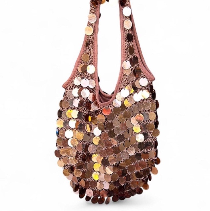 Brown Bronze Metallic Sequin Crochet Shoulder Bag Purse Women’s Handbag Y2K