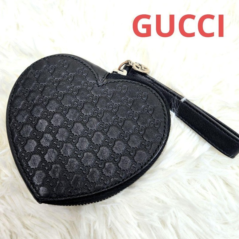 GUCCI Microshima Heart Pouch Black Leather Authentic Excellent Condition