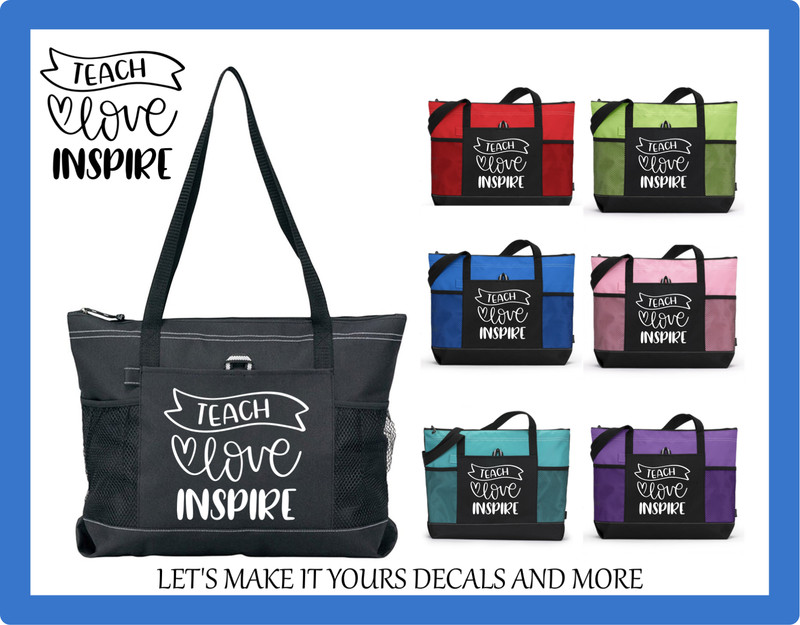 TEACH LOVE INSPIRE CUSTOM TOTE PURSE SPORTS GYM TRAVEL SCHOOL BAG ZIPS TEACHER