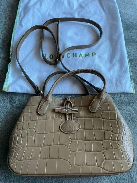 Longchamp Roseau Croco Embossed Handbag Shoulder Bag Leather Beige NEW Japan
