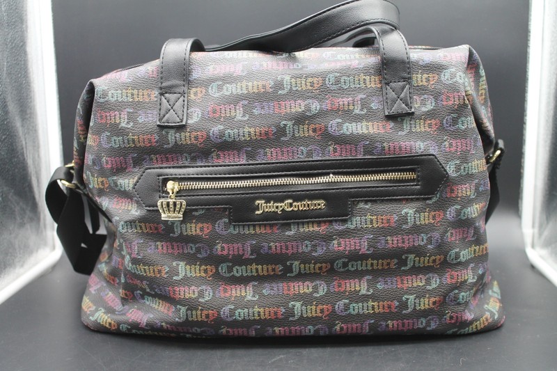 Juicy Couture Rainbow Logo Print Satchel Duffel Shoulder Bag Black Crown Charm