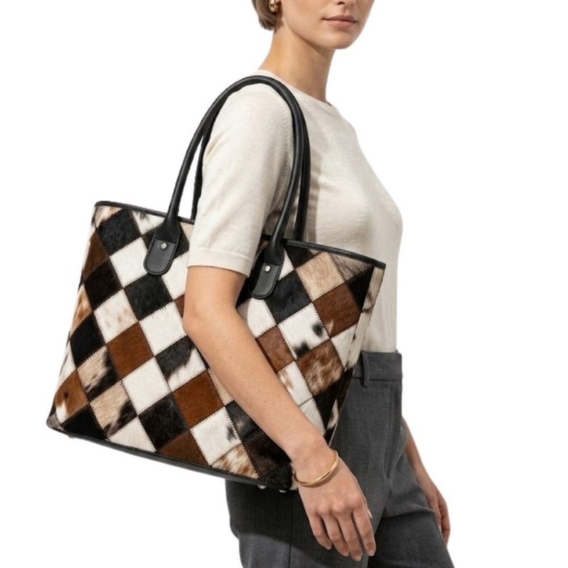 Handmade Patchwork Cowhide Leather Tote – Diamond Pattern Hair-On Handbag gallery