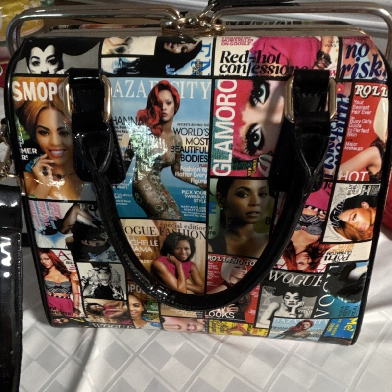 Multicolor Magazine Print Top Handle Bag Gold Hardware Women's Satchel gallery