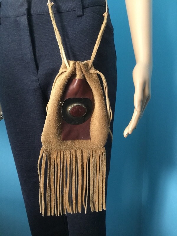 Small Handmade Vintage Suede Drawstring Bag W/Leather & Stone -Metal Accent