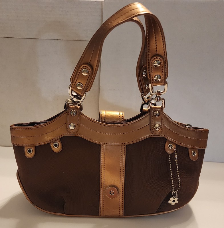 Fabric & Leather, Copper & Brown Color Handbag, Zip Closure, 3 Inside Pockets gallery