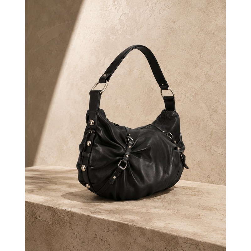 Kenneth Cole Reaction Leather Studded Hobo Bag Black Large