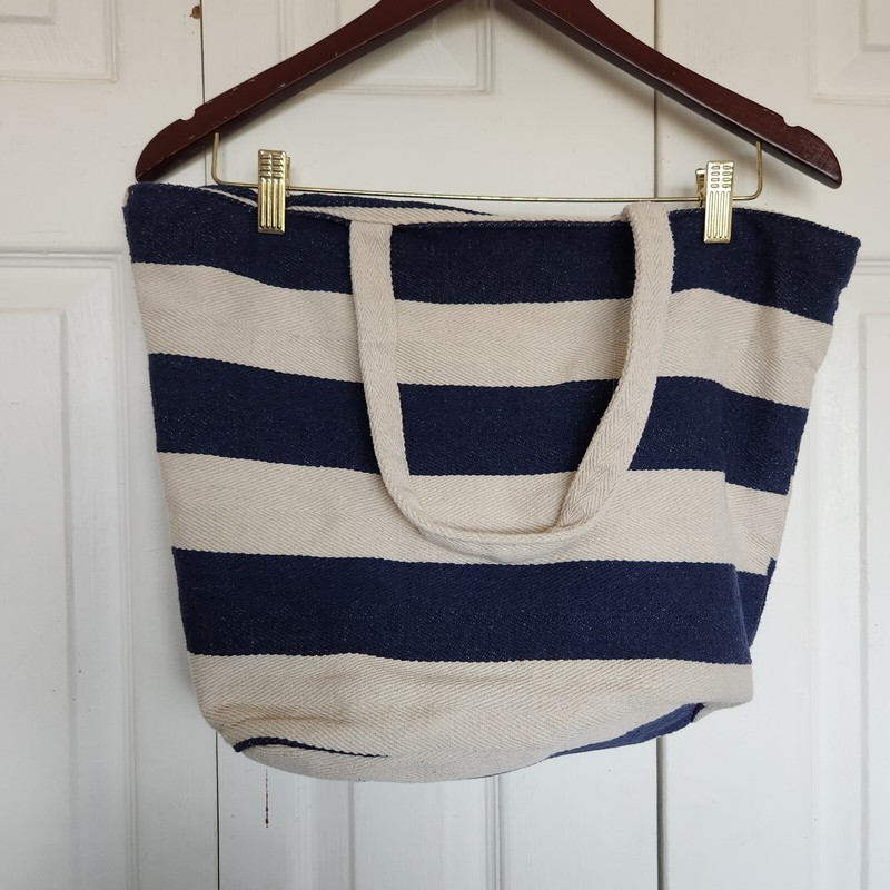 West Loop Canvas Striped Beach Tote Bag – Blue Tan – Lined Snap Close Pocket