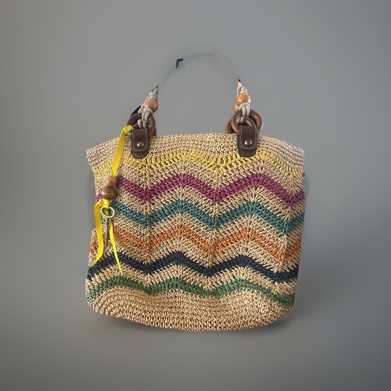 FOSSIL Long Live Vintage Woven Raffia Straw Canvas Leather Tote Shoulder Bag