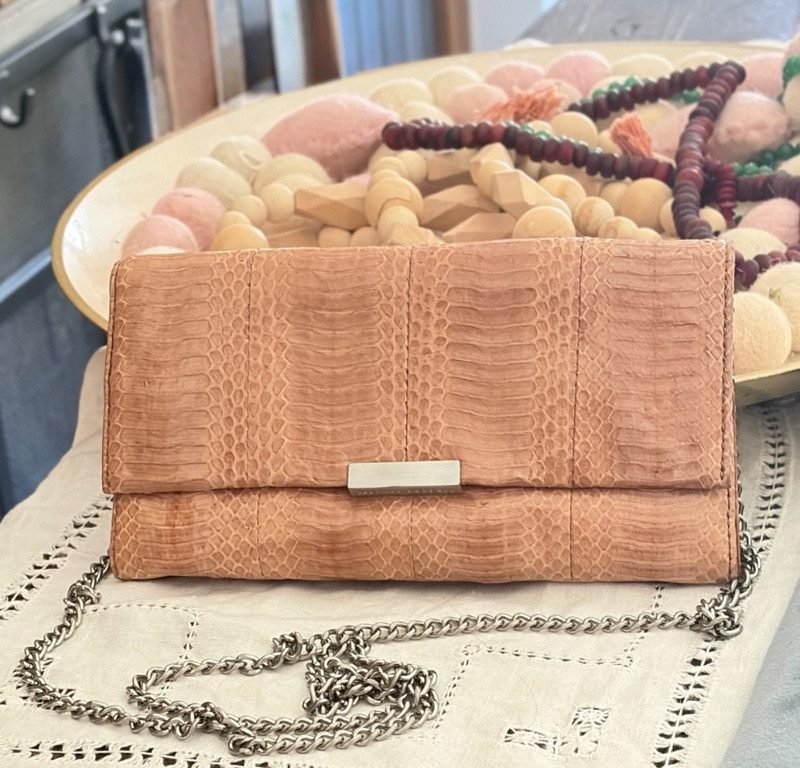 Loeffler Randal Leather Tab Clutch Evening Bag embossed Snakeskin beige leather
