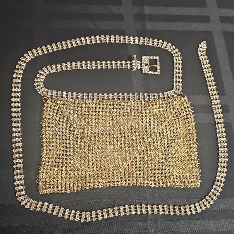 Delicate Gold Tone Rhinestone Crystal Shoulder Bag Gold Hardware Buckle Closure