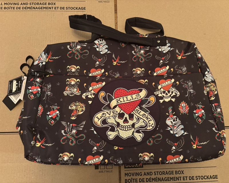 Women’s Black Tattoo Skull Duffle Bag Rhinestone “LOVE KILLS SLOWLY” Zip Strap