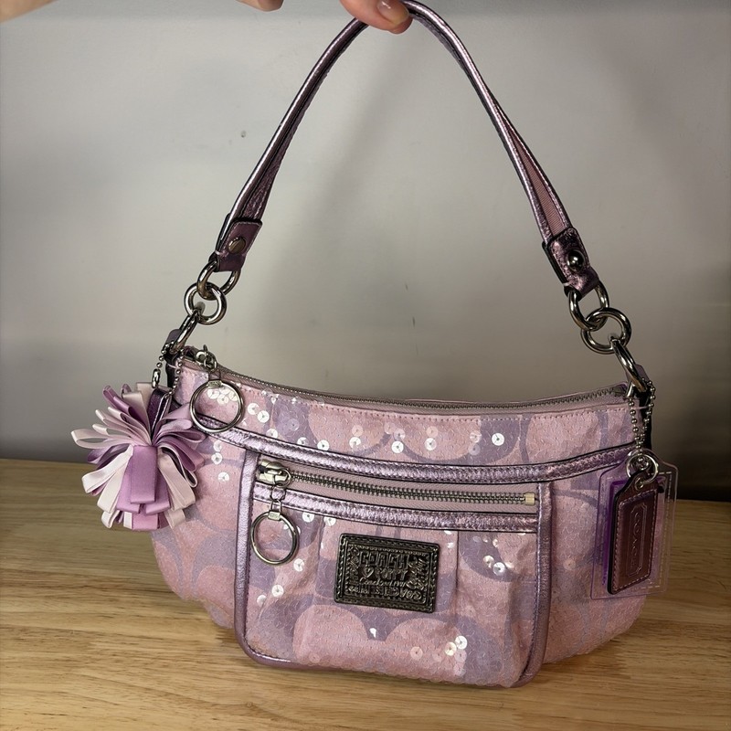 COACH Poppy Pink Purple Sequin Signature C Shoulder Bag 14541 Pom Pom Hangtags
