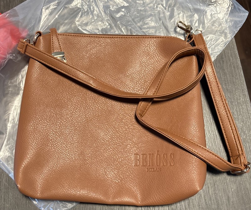 Benoss Milan Crossbody Bag Brown Faux Leather Adjustable Strap Zip Closure