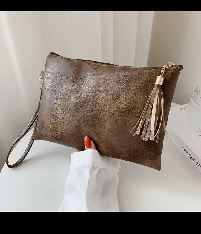 Women’s PU Leather Tassel Clutch Wristlet Envelope Bag Phone Purse Brown