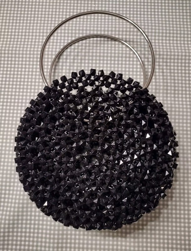 Handmade Beaded Purse Black Round Chunky Metal Handle Removable Pouch Unique New