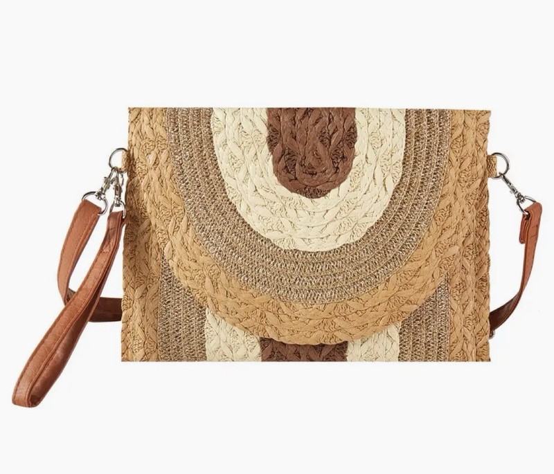 Styline Metallic Lined Multi Color Straw Clutch/Crossbody Bag-Color Taupe NWT