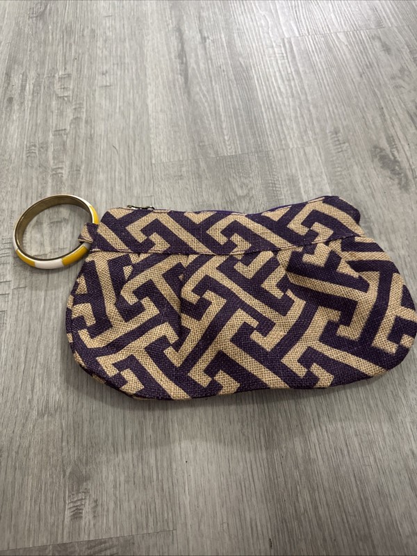 Mud Pie Purple Greek Key Jute Burlap Ring Handle Clutch Bag Geometric Boho