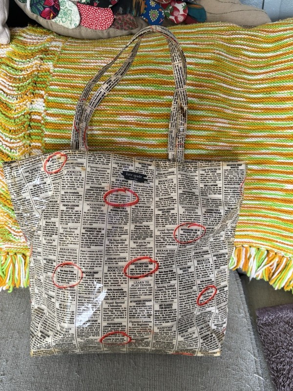 Vintage Kate Spade New York Women’s Tote Bag Newsprint Black Red Lined 13×16