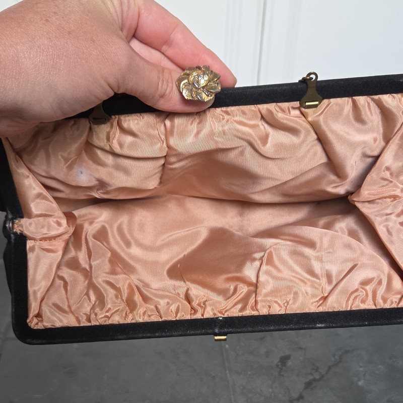 Vintage Admiral Black Satin Evening Bag Gold Flower Clasp Hideaway Chain gallery