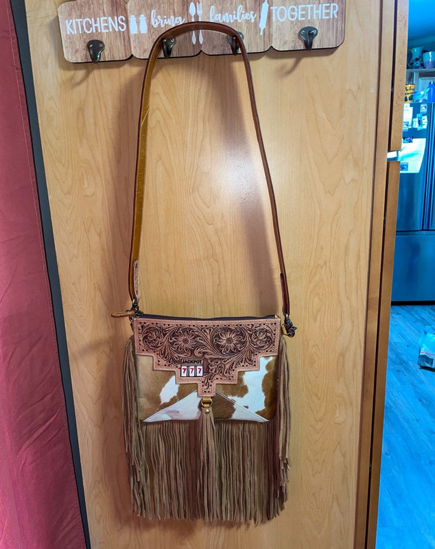 Real Leather Western Crossbody Bag Brown White Cowhide Zip + wallet