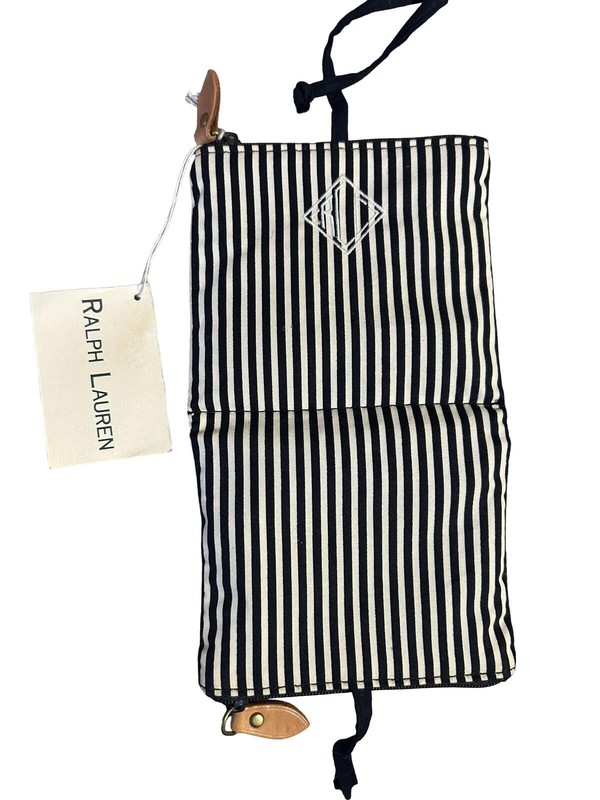 Vintage Ralph Lauren RL Monogram Black Cream Stripe Fold Travel Organizer Pouch gallery