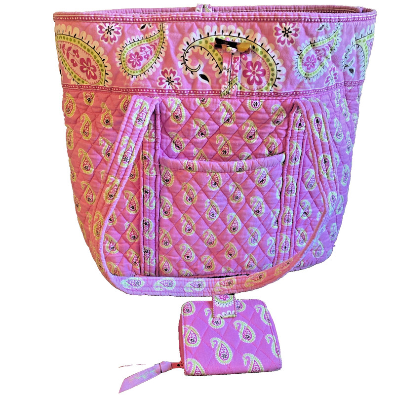 Vera Bradley Retired Bermuda Pink Top Tote Bag With Matching Wallet