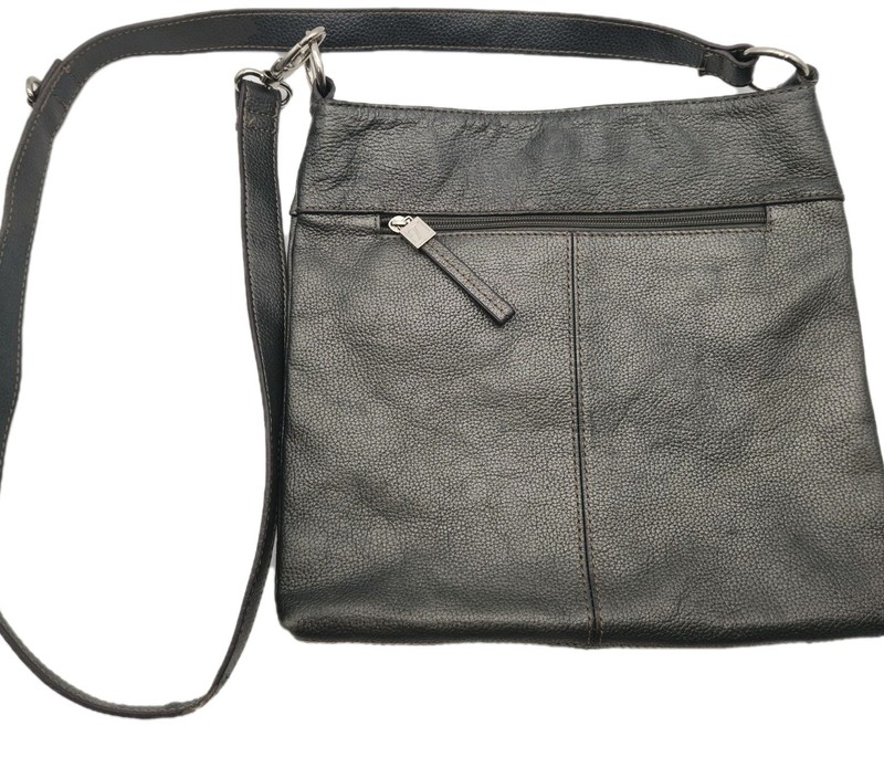 TIGNANELLO Crossbody Purse Bag Pewter Pebbled Leather 5 Pockets 11″ Logo Lining
